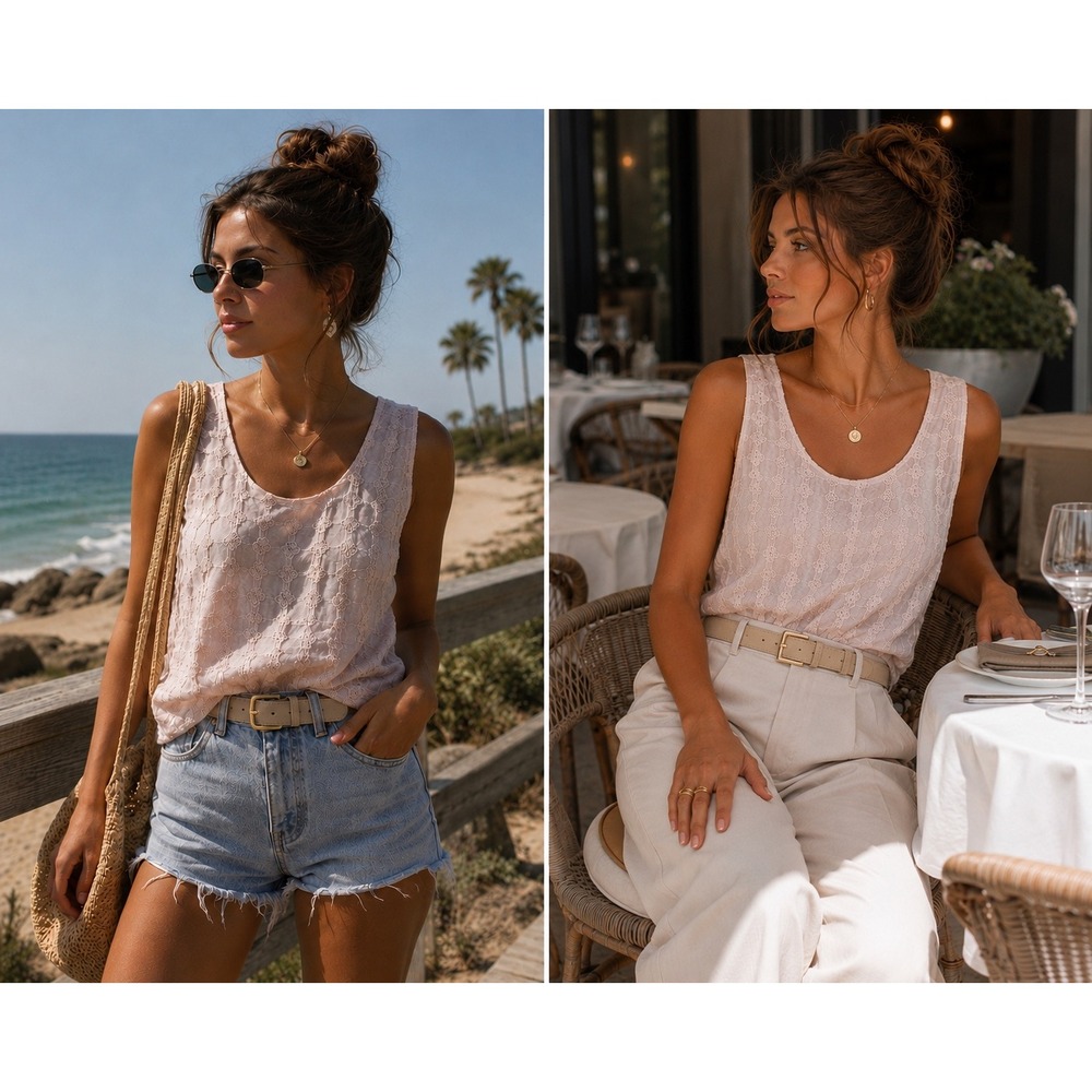 Via Signoria Made in Italy Silk‎ Embroidered Tank Coastal Chic Boho Top M